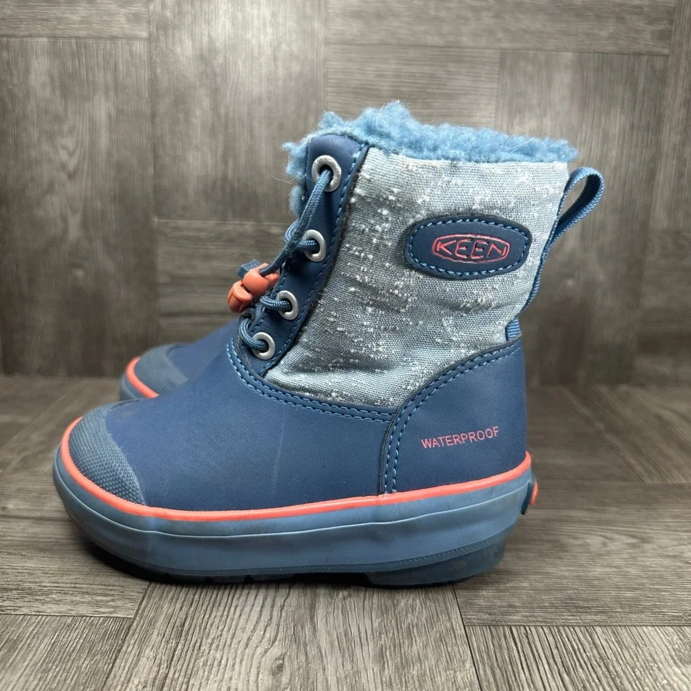 KEEN Waterproof Winter Boots Toddler 8 Blue Coral Insulated Faux Fur NEW